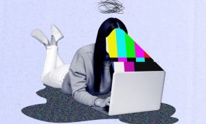 Minimal Collage Artwork of Lady Watching Computer with Digital Colors Blocking Face
