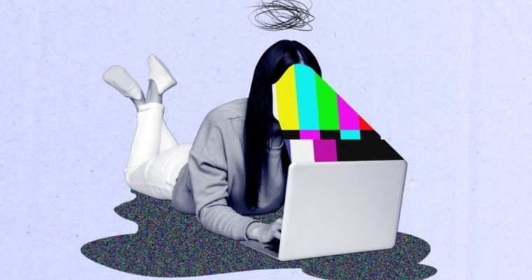 Minimal Collage Artwork of Lady Watching Computer with Digital Colors Blocking Face