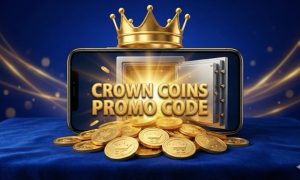 A smartphone with a gold crown on top and an open digital vault on the screen, surrounded by gold coins with the text Crown Coins Promo Code.