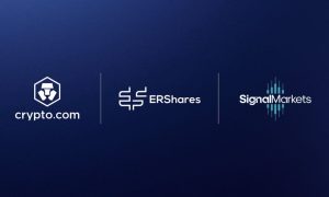 Gradient Navy Blue Background with Crypto.com, ERShares and SignalMarkets Logos