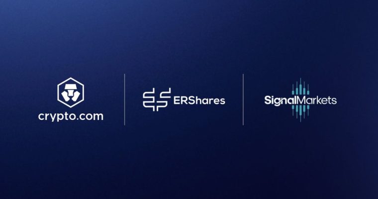 Gradient Navy Blue Background with Crypto.com, ERShares and SignalMarkets Logos