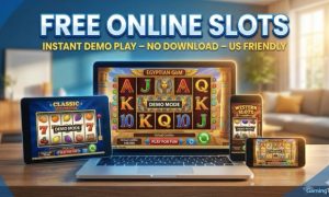 A laptop, tablet, and multiple smartphones displayed on a wooden desk, each showing different online slot games in "Demo Mode" with "Virtual Credits" and "Play for Fun" buttons visible. Large header text reads "FREE ONLINE SLOTS: INSTANT DEMO PLAY - NO DOWNLOAD - US FRIENDLY" with the GamingToday logo in the bottom right corner.