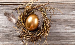Bird's Nest with Gold Egg Sits On Top Of Wood Table