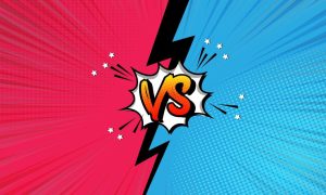 Pink & Blue Sit Opposite Each Other in Comic Style Vector with Vs. at Center