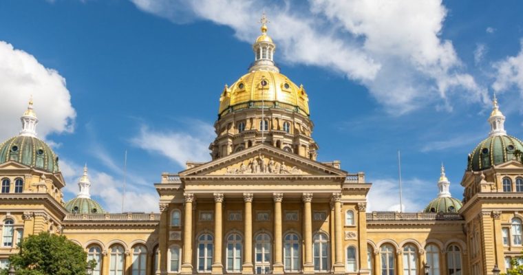 Beautiful Dome and Architechture of Iowa Capitol Building Against Blue Skies
