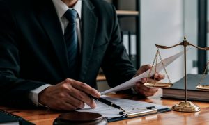 Man Holding Pen Studies Papers Next to Scale and Judge's Gavel on Desk