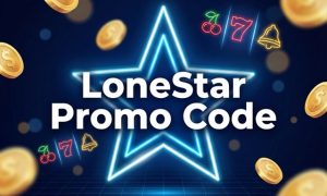 A glowing blue neon star centered on a navy background with the text "LoneStar Promo Code" in bold white lettering, surrounded by floating gold coins and neon slot symbols.