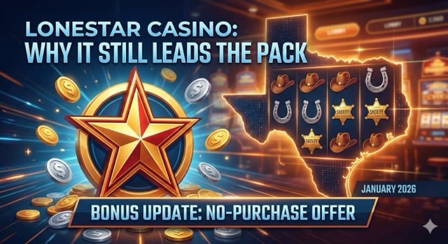 Alt-text: A promotional graphic for LoneStar Casino featuring a large, glowing gold star with a red inlay set against a dark, sophisticated casino background. To the right, a neon-outlined map of Texas serves as a slot machine display featuring cowboy hats, sheriff badges, and horseshoe symbols. Gold and silver coins are scattered in the foreground, and a blue banner at the bottom reads "BONUS UPDATE: NO-PURCHASE OFFER" alongside a "JANUARY 2026" date stamp.