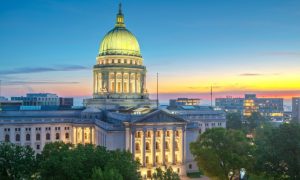 Beautiful Sunset Colors Backdrop to Brightly-Lit Wisconsin Capitol Building