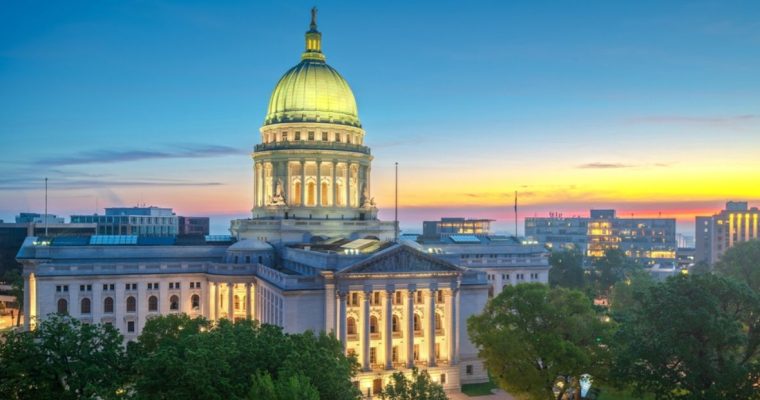 Beautiful Sunset Colors Backdrop to Brightly-Lit Wisconsin Capitol Building