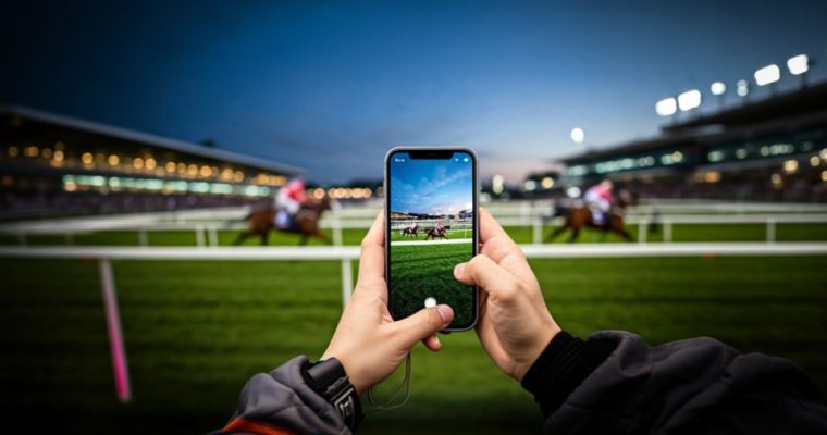 Man Holding Horse Race on Cell Phone While Sitting at Race