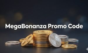 A stack of premium embossed gold coins and silver-platinum sweepstakes coins with "SC" engravings, featuring centered white text that reads "MegaBonanza Promo Code" on a dark navy studio background.