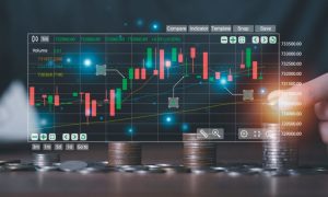 Man Stacks Silver Coins with Financial Bar Chart Digital Image Overlay