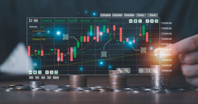 Man Stacks Silver Coins with Financial Bar Chart Digital Image Overlay