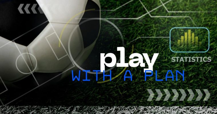 "Play With A Plan" Text Over Image of Soccer Ball on Green Grass
