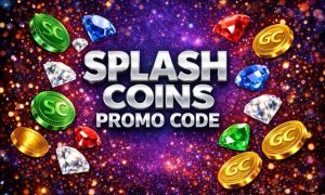 Splash Coins promo code graphic with chrome “SPLASH COINS PROMO CODE” text on a purple cosmic background, surrounded by SC and GC coins and sparkling gems.