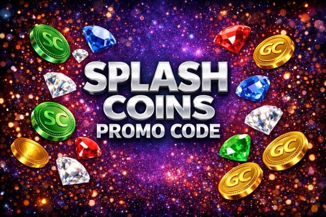 Splash Coins promo code graphic with chrome “SPLASH COINS PROMO CODE” text on a purple cosmic background, surrounded by SC and GC coins and sparkling gems.