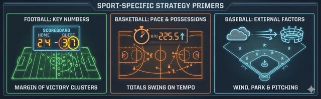 A horizontal three-panel infographic styled as a digital coach's whiteboard. The first panel focuses on football "Key Numbers" highlighting the margins 3 and 7; the second panel emphasizes basketball "Pace & Possessions" with a stopwatch and an Over/Under total of 225.5; the third panel covers baseball "External Factors" featuring a weather icon with wind blowing out of a stadium.