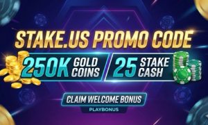 Promotional graphic for Stake.us featuring the welcome offer: 250K Gold Coins and 25 Stake Cash, with promo code PLAYBONUS highlighted in a sleek navy and gold design.