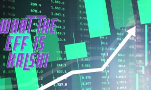 "What the Eff is Kalshi" Text Over Stock Market and Financial Graph Images in Green and Purple Hues