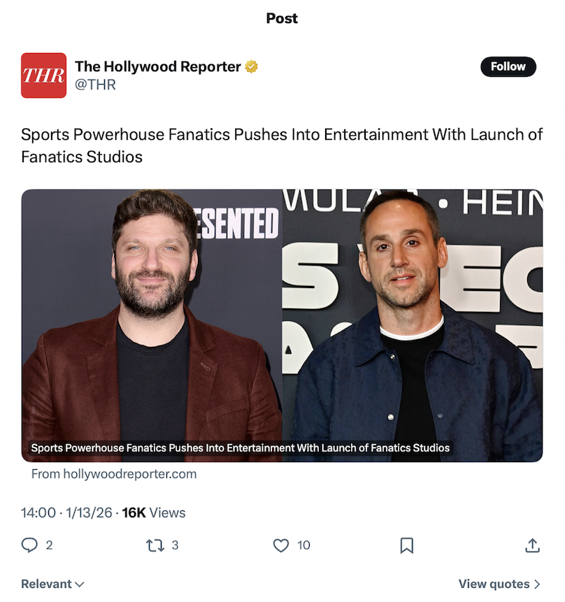 Launch of Fanatics Studios Announced by The Hollywood Reporter on X