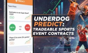 Smartphone displaying the Underdog Predict app interface with a Super Bowl prediction, set against a background of various athletes in action and a rising stock graph. The main title reads "UNDERDOG PREDICT: TRADEABLE SPORTS EVENT CONTRACTS."