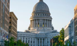 Sunset Light Hits The Top of Wisconsin Capitol and Surrounding Buildings
