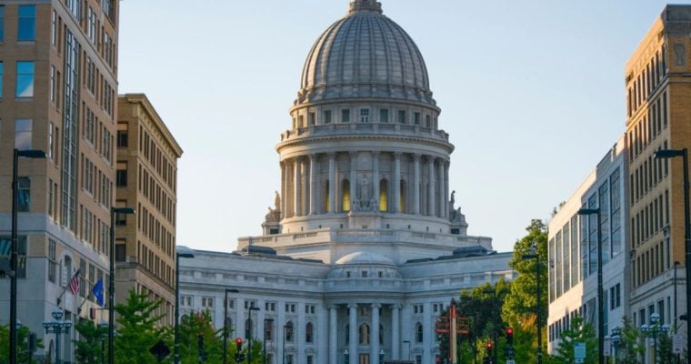 Sunset Light Hits The Top of Wisconsin Capitol and Surrounding Buildings