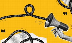Megaphone Spills Out Black & White Breaking News Text Ribbon on Yellow Background