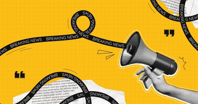 Megaphone Spills Out Black & White Breaking News Text Ribbon on Yellow Background