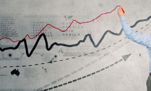 Red and Black Data Lines Drawn on Grey Background by Man in Suit