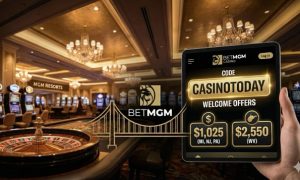 BetMGM Casino promo code CASINOTODAY and welcome offers of $1,025 (MI, NJ, PA) and $2,550 (WV) displayed on a tablet screen.