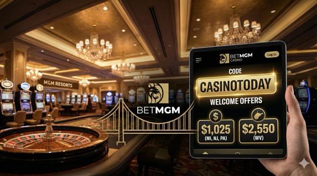 BetMGM Casino promo code CASINOTODAY and welcome offers of $1,025 (MI, NJ, PA) and $2,550 (WV) displayed on a tablet screen.
