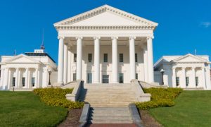 VA State Capitol White Building Exterior with Green Grass and Blue Skies