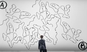 Messy Black Lines Spread Out Across White Background As Man In Suit Stares