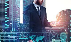 Suited Man Holds Cell Phone And Digital Overlay With Icons Representing Tech, Psychology, and Global Topics