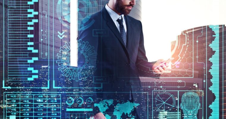 Suited Man Holds Cell Phone And Digital Overlay With Icons Representing Tech, Psychology, and Global Topics