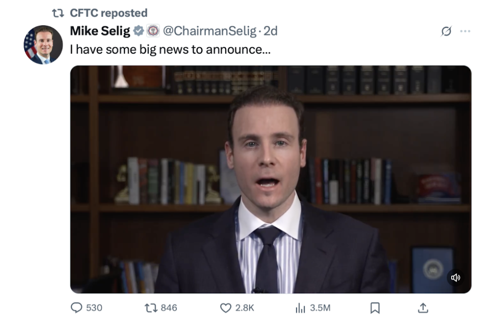 CFTC's Michael Selig Announcement on X February 2026