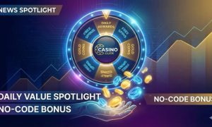 A glowing digital prize wheel featuring the Casino.click logo, surrounded by floating gold and blue coins on a dark blue tech-inspired background.