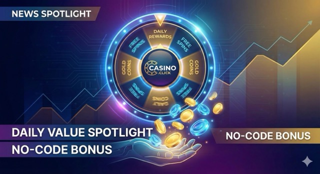 A glowing digital prize wheel featuring the Casino.click logo, surrounded by floating gold and blue coins on a dark blue tech-inspired background.