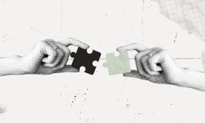 Image Collage of One Hand with Black Puzzle Piece and Another Hand with Taupe Puzzle Piece
