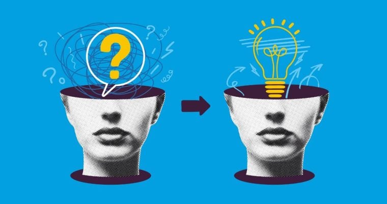 Illustration of One Woman's Head Filled with Confusion and Another Filled with a Light Bulb