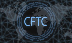 World Map Background in Gray and Black with Blue CFTC Text Overlay