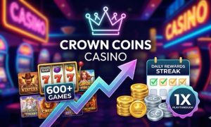 Crown Coins Casino graphic with 600+ slot games, 1x playthrough badge, and daily rewards streak calendar on neon background.