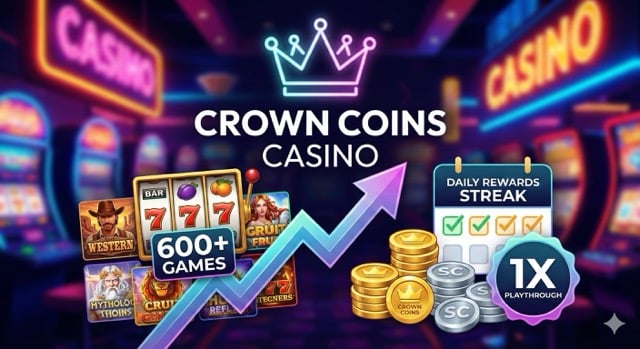 Crown Coins Casino graphic with 600+ slot games, 1x playthrough badge, and daily rewards streak calendar on neon background.