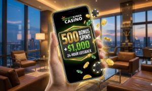 Smartphone displaying the DraftKings Casino welcome promo of 500 spins and $1,000 lossback.