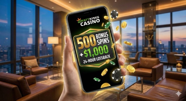 Smartphone displaying the DraftKings Casino welcome promo of 500 spins and $1,000 lossback.