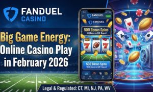 FanDuel Casino mobile app interface showing a 500 bonus spins offer over a football field background with a "Big Game Energy" headline for February 2026.
