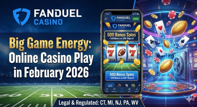 FanDuel Casino mobile app interface showing a 500 bonus spins offer over a football field background with a "Big Game Energy" headline for February 2026.