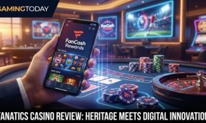 Fanatics Casino mobile app on a smartphone over a luxury casino table with a roulette wheel and stacks of chips.